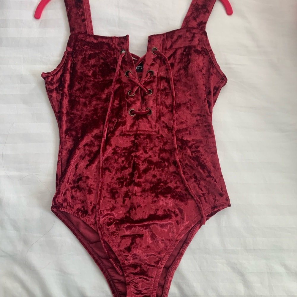 Size medium Etiquette crush velvet deep red bodysuit